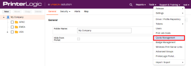 Admin Console view showing the Tools option expanded on the right, with the sub-option for Quota Management highlighted in red. 